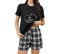 Reliwel Pyjama Femme Coton Ete Ensemble Femme Col Rond Manches Courtes et Short Ceinture à Cordon de Serrage Vêtements de Nuit Confortable Doux Imprimé Chat/Cils
