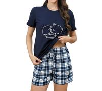 Reliwel Pyjama Femme Coton Ete Ensemble Femme Col Rond Manches Courtes et Short Ceinture à Cordon de Serrage Vêtements de Nuit Confortable Doux Imprimé Chat/Cils