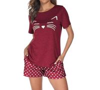 Reliwel Pyjama Femme Coton été Ensembles de Pyjama Femme Col Rond à Manches Courtes Short Vêtement de Nuit Imprimé 2 Pièce Confortable Doux Respirant