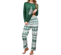 Reliwel Pyjama Femme Hiver Long Ensembles de Pyjama Femme Coton Col Ronde à Manches Longues et Pantalon Carreaux Vêtements de Nuit Chaud d'Intérieur 2 Pièces Confortable Doux Respirant Vert S
