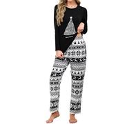 Reliwel Pyjama Femme Noel Pijamas Femmes Coton Pyjama Femme Chaud Christmas Pyjamas Ensemble Pajama Coton NoëL Pijamas Hiver Doux Noir M