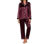 Reliwel Pyjama Femme Satin à Manches Longues Ensemble de Pyjamas Boutonné en Satin Pyjama Soie pour Femme Vêtements de Nuit Toutes Les Saisons 2 Pièces Rouge vin Profond