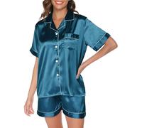 Reliwel Pyjama Femme Satin Ensemble de Pyjama Femme Soie Pyjama Femme Short Deux Pièces Vêtements de Nuit à Manches Courtes Col V avec Boutons Loisirs S-XXL