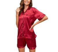 Reliwel Pyjama Femme Satin Ensemble de Pyjama Femme Soie Pyjama Femme Short Deux Pièces Vêtements de Nuit à Manches Courtes Col V avec Boutons Loisirs S-XXL
