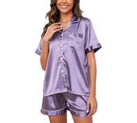 Reliwel Pyjama Femme Satin Ensemble de Pyjama Femme Soie Pyjama Femme Short Deux Pièces Vêtements de Nuit à Manches Courtes Col V avec Boutons Loisirs S-XXL