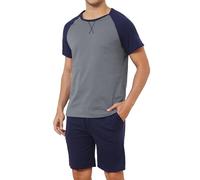 Reliwel Pyjama Homme Coton Ete Ensembles de Pyjama Manches Courtes Short Pantalon Col Rond Vêtements de Nuit Deux Pièces à Respirant Confortable avec Poches