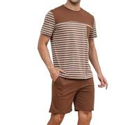 Reliwel Pyjama Homme Court Ensembles de Pyjama Homme Coton Été Vêtements de Nuit à Manches Courtes Rayures Col Rond T-Shirt et Short avec Poches Confortable Doux Deux Pièces S-XXL