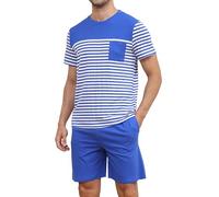 Reliwel Pyjama Homme Court Ensembles de Pyjama Homme Coton Été Vêtements de Nuit à Manches Courtes Rayures Col Rond T-Shirt et Short avec Poches Confortable Doux Deux Pièces S-XXL