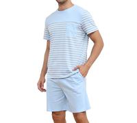 Reliwel Pyjama Homme Court Ensembles de Pyjama Homme Coton Été Vêtements de Nuit à Manches Courtes Rayures Col Rond T-Shirt et Short avec Poches Confortable Doux Deux Pièces S-XXL