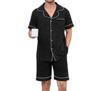 Reliwel Pyjama Homme Ete Court Ensembles de Pyjama Homme Coton Button Down Sleepwear à Manches Courte Pyjamas Homme d'été léger à Manches Courtes et Short Pyjama Adulte Hommes Col à Revers Noir XXL