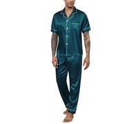 Reliwel Pyjama Homme Ete Satin Pyjama Short Homme en Soie Boutonné Chemise Manches Courtes et Pantalon Long Deux Pièces vêtements de Nuit Confortable Doux