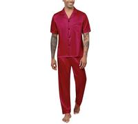 Reliwel Pyjama Homme Ete Satin Pyjama Short Homme en Soie Boutonné Chemise Manches Courtes et Pantalon Long Deux Pièces vêtements de Nuit Confortable Doux