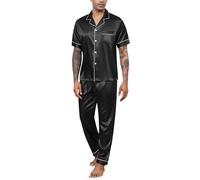 Reliwel Pyjama Homme Ete Satin Pyjama Short Homme en Soie Boutonné Chemise Manches Courtes et Pantalon Long Deux Pièces vêtements de Nuit Confortable Doux