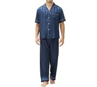 Reliwel Pyjama Homme Ete Satin Pyjama Short Homme en Soie Boutonné Chemise Manches Courtes et Pantalon Long Deux Pièces vêtements de Nuit Confortable Doux
