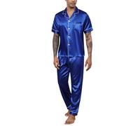 Reliwel Pyjama Homme Ete Satin Pyjama Short Homme en Soie Boutonné Chemise Manches Courtes et Pantalon Long Deux Pièces vêtements de Nuit Confortable Doux