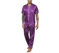 Reliwel Pyjama Homme Ete Satin Pyjama Short Homme en Soie Boutonné Chemise Manches Courtes et Pantalon Long Deux Pièces vêtements de Nuit Confortable Doux