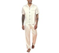 Reliwel Pyjama Homme Ete Satin Pyjama Short Homme en Soie Boutonné Chemise Manches Courtes et Pantalon Long Deux Pièces vêtements de Nuit Confortable Doux