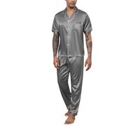 Reliwel Pyjama Homme Ete Satin Pyjama Short Homme en Soie Boutonné Chemise Manches Courtes et Pantalon Long Deux Pièces vêtements de Nuit Confortable Doux