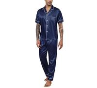 Reliwel Pyjama Homme Ete Satin Pyjama Short Homme en Soie Boutonné Chemise Manches Courtes et Pantalon Long Deux Pièces vêtements de Nuit Confortable Doux