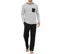 Reliwel Pyjama Homme Hiver Coton Ensembles de Nuit à Manches Longues Col Rond Rayé Vêtements Pyjama Homme Deux Pièces Confortable Doux Noir- M