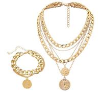 RELKLYU 1 Collier Et 1 Bracelet, Collier Multicouche, Bijoux De Style Punk, Bijoux en Métal Vintage.