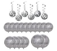 RELKLYU 16 Ballons Disco en Argent, 6 Boules Disco Suspendues, Ballons en Papier D'Aluminium 4D, Décoration De Fond, Filature Suspendue, Décoration De Fête De Bal des Années 1980.