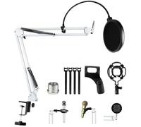 Relota Bras Micro Réglable, Support de Microphone Blanc avec Filtre Anti-Pop, Pince à Micro, 5 Attaches de Câble, Anti-choc, Perche Micro Suspension pour Studio, Diffusion, Enregistrement, Gaming