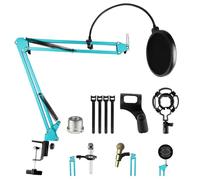 Relota Bras Micro Réglable, Support de Microphone Bleu avec Filtre Anti-Pop, Pince à Micro, 5 Attaches de Câble, Anti-choc, Perche Micro Suspension pour Studio, Diffusion, Enregistrement, Gaming