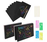 Relota Lot de 50 Carte a Gratter Enfant, Feuilles à Gratter Papier Gratter Arc-En-Ciel avec 4 Règles de Gabarit de Dessin, 5 Stylets en Bois, Scratch Art pour Écriture, Jeux, Dessins, Bricolage