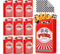 Remagr Lot de 24 mini boîtes à popcorn en forme de voiture de course (rouge) avec 24 boîtes à biscuits en papier de soie à carreaux noir et blanc pour voitures de course, fournitures de fête