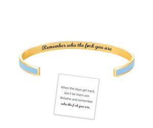 Remember Who The F You Are Motivational Color Bangle, Engraved Inspirational Message Fashion Cuff Bracelet, Personalized Opening Adjustable Bracelet, Valentine Jewelry Gift for Women Girls (Blue)