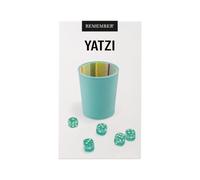 Remember Yatzi Jeu de dés avec gobelet en cuir synthétique avec doublure | Doublure intérieure en velours, bloc d'écriture inclus, à partir de 8 ans, 5 dés inclus, motif rayé coloré