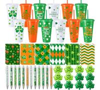 Remerry Lot de 48 gobelets sur le thème de la Saint-Patrick avec couvercle en forme de trèfle de 700 ml avec couvercle, stylos à bille, boules anti-stress, sacs à friandises pour fêtes irlandaises