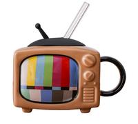 Remingtape Ensemble de tasses à café en céramique carrées avec paille et couvercle, tasse à thé pour bureau, TV rétro - chocolat