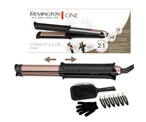 Remington ONE Lisseur & boucleur cheveux [2en1] Straight&Curl (Embouts flexibles: mode lissage et boucles 32 mm, vérouillage des plaques, contrôle température 150-230°C, brosse et pinces incl.) S6078