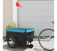 Remorque de vélo noire bleue en fer 45 kg de charge pliable avec attelage et drapeau de sécurité pour transport de bagages, chien, enfant, shopping, extérieur et ville
