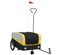 Remorque de vélo noire et jaune en fer 45 kg de charge pliable avec embrayage, drapeau de sécurité pour transport de bagages, chien, enfant, bébé, extérieur et excursions quotidiennes