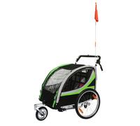 Remorque de vélo poussette couverte 2 places en alu maxi fixation axe de roue - livré avec roue avant + poignée frein - montage rapide sans outil enfant P2R 36 Kg Vert