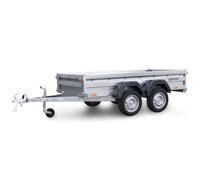 Remorque double essieu acier 265 cm ridelles ouvrantes 265T Bâche plate | Ridelles latérales amovibles, châssis galvanisé à chaud, plancher marine 9 mm et roue jockey incluse. PTAC 500 kg.