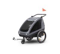 KLAR FIT GoKiddo Remorque Vélo Enfant - 2-en-1 Remorque & Buggy avec Freins, Ceintures de Sécurité, Sièges Réglables, 40kg Capacité, Protection Pluie & UV, Pliable, Gris Foncé