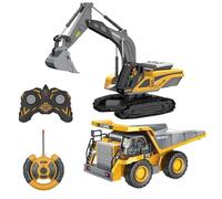 Remote Control Dump Truck - Excavator Toy With Light Sound, Metal Bed Construction Vehicle Set, Rechargeable Battery Powered RC Digger Loader Machine Toy For Age 4-12 Kids Children Girls Boys Home