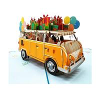REMOtech Carte d'anniversaire pop-up 3D, bus de fête avec chiens, cadeaux et ballons, fabriquée à la main, 15 x 20 cm