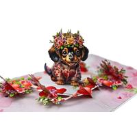 REMOtech Carte pop-up 3D motif chien avec couronne de fleurs et cœurs - Carte pliante romantique pour Saint-Valentin, mariage, anniversaire et anniversaire 30 x 20 cm dépliée avec enveloppe blanche