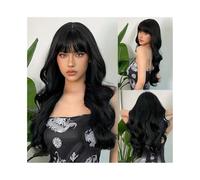 Remplacement des cheveux Perruque synthétique tendance, cheveux longs et bouclés avec frange, grosses vagues, idéale for un festival ou quotidien(2-131-black)