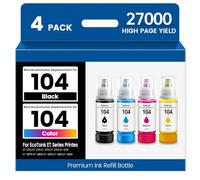 Remplacement Remanifié pour Epson 104 Bouteille d'encre Multipack pour Epson EcoTank ET-2710 ET-2720 ET-4700 ET-2810 ET-2850 ET-3750 ET-2825 ET-2826 Imprimante (4 Pack Noir Cyan Magenta Jaune)