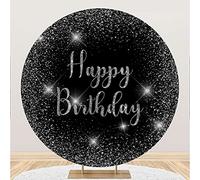 Renaiss 1.8x1.8m Paillettes argentées Noires Toile de Fond Ronde Bon Anniversaire Arrière Plan Enfants Adultes Fête d'anniversaire Tableau de gâteau Décor Familial Accessoires de Photographie