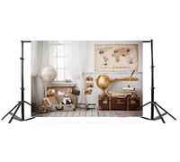 Renaiss 2.2x1.5m Carte d'intérieur Globe Valise Avion Modèle Toile de Fond Plancher de Bois Global Voyage Photographie Fond Enfants Adultes Portrait Tir Décoration Photo Studio Props