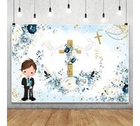 Renaiss 2.2x1.5m Première Communion Toile de Fond garçons baptême Photographie Fond Nouveau-né Dieu bénisse fête décor gâteau Table bannière Vinyle Photo Accessoires