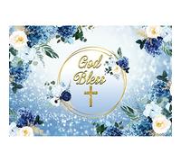 Renaiss 2.2x1.5m Première Sainte Communion Baptême Bannière Décor Fleur Bleue Baptême Photographie Fond Dieu Bénisse Toile De Fond Baby Shower Fête D'anniversaire Cadeaux Fournitures Photo Booth Props