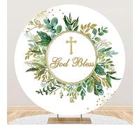 Renaiss 2.2x2.2m Dieu bénisse Toile de Fond Ronde Feuilles Vertes Première Communion Fond de Photographie Polyester Baptême Décor de fête Douche de bébé Anniversaire Accessoires Photo